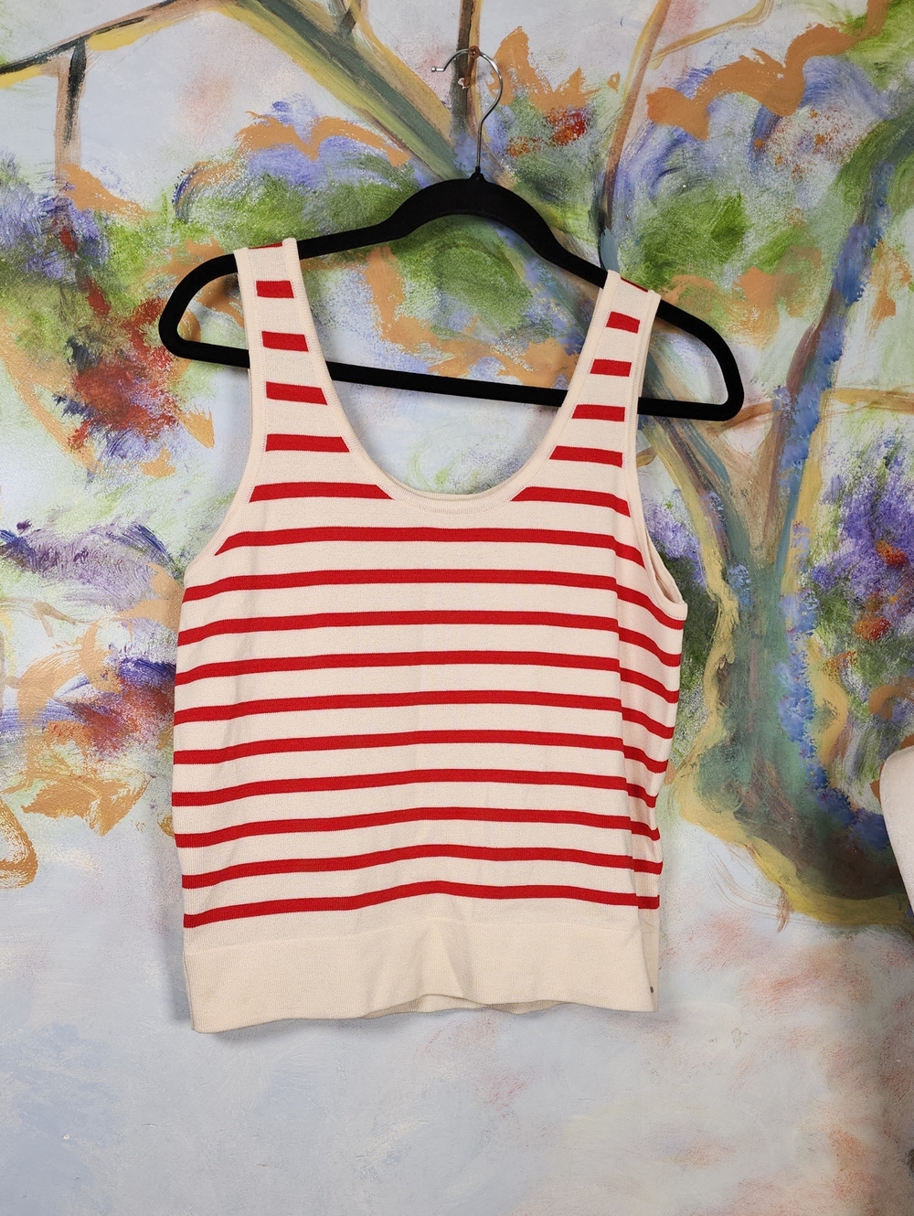 Red and Cream Striped Knit Scoop Neck Tank